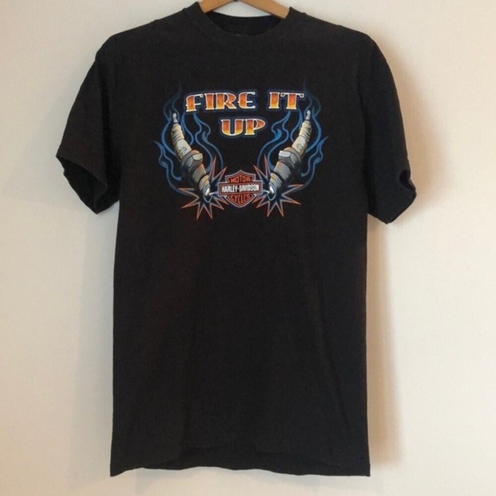 Harley-Davidson Shirt SZ M Short Sleeve Black with Fire It Up on Front - Picture 2 of 5